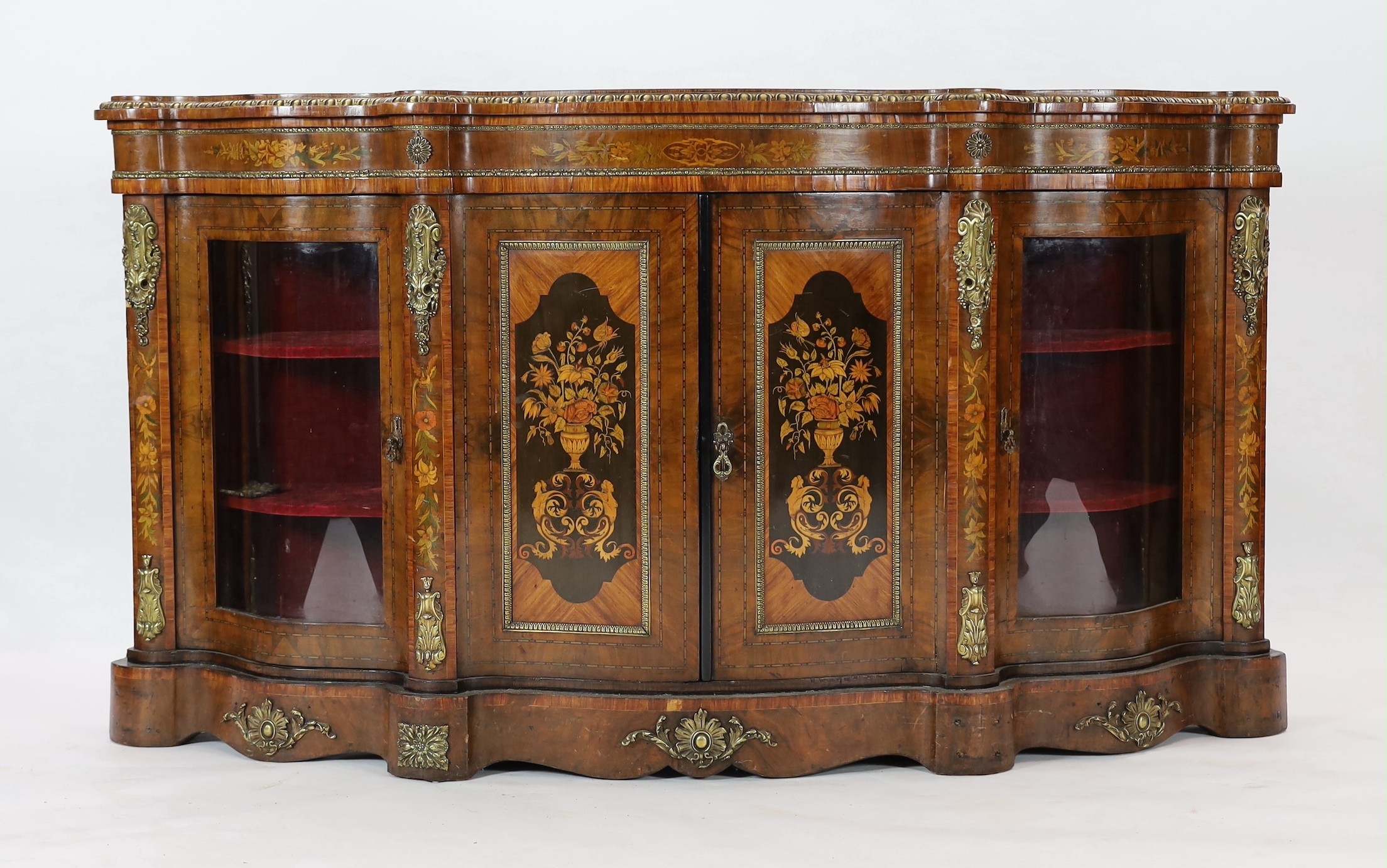 A Victorian marquetry inlaid walnut serpentine front credenza, W.200cm D.47cm H.110cm